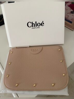 Chloé Taupe Pebbled Leather Studded Zip Pouch